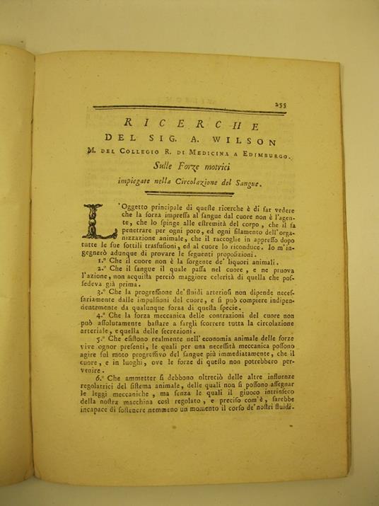 Ricerche del sig. A. Wilson m. del Collegio R. di medicina a Edimburgo sulle forze motrici impiegate nella circolazione del sangue - copertina