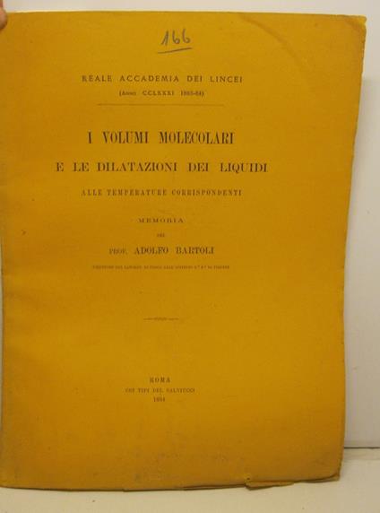 I volumi molecolari e le dilatazioni dei liquidi alle temperature corrispondenti. Memoria - Adolfo Bartoli - copertina