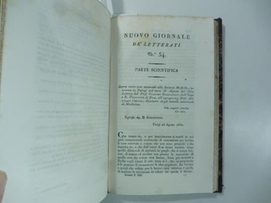 Sopra varie cose attenenti alle scienze mediche osservate in Parigi nel mese di Agosto del 1830. Lettera di G. Barzellotti...(Stralcio da: Nuovo giornale de' letterati. N.54. 1830) - Giacomo Barzellotti - copertina