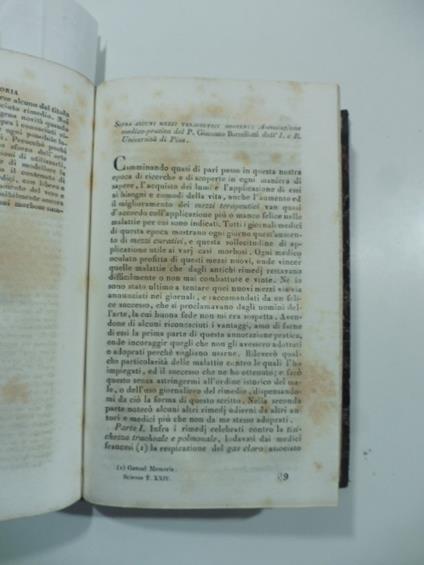 Sopra alcuni mezzi terapeutici odierni: Annotazione medico - pratica del P. Giacomo Barzellotti...(Stralcio da: Nuovo giornale de' letterati. N. 62. 1832) - Giacomo Barzellotti - copertina