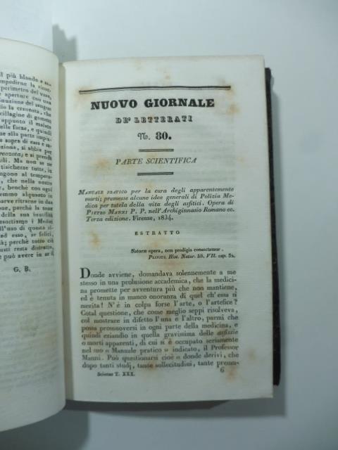 Manuale pratico per la cura degli apparentemente morti premesse alcune idee generali di polizia medica...di P. Manni...(Stralcio da: Nuovo giornale de' letterati. N. 80. 1835) - Giacomo Barzellotti - copertina