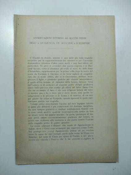 Osservazioni intorno ad alcuni versi dell'Ifigenia in Aulide d'Euripide - Ildebrando Della Giovanna - copertina