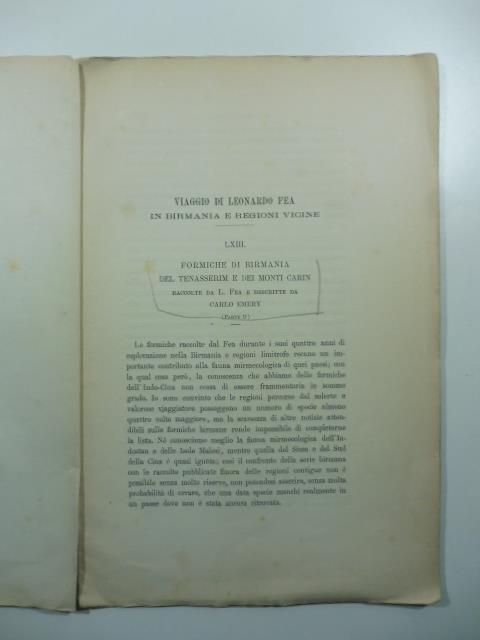 Viaggio di Leonardo Fea in Birmania e regioni vicine. Formiche di Birmania, del Tenesserim e dei Monti Carin (parte II) - Carlo Emery - copertina