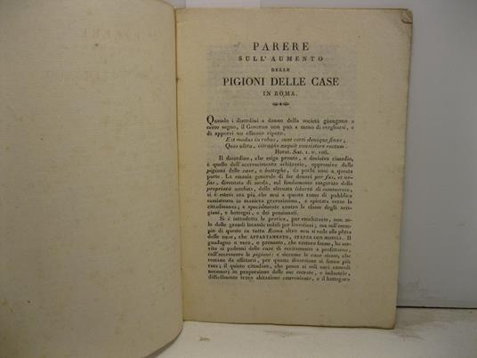 Parere sull'aumento delle pigioni delle case in Roma - Carlo Fea - copertina