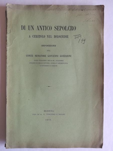 Di un antico sepolcro a Ceretolo nel Bolognese. Esposizione - Giovanni Gozzadini - copertina