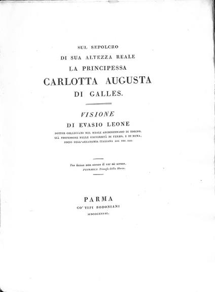 Sul sepolcro di Sua Altezza Reale la Principessa Carlotta Augusta di Galles. Visione - Evasio Leone - copertina