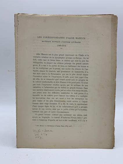 Les correspondants d'Alde Manuce. Materiaux nouveaux d'histoire litteraire (1483-1514) - Pierre de Nolhac - copertina