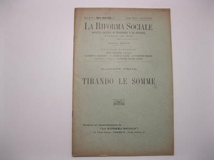 Tirando le somme. La riforma sociale. Rivista critica di economia e di finanza fondata nel 1894. Terza serie, fasc. 3-4, marzo-aprile 1923 - Giuseppe Prato - copertina