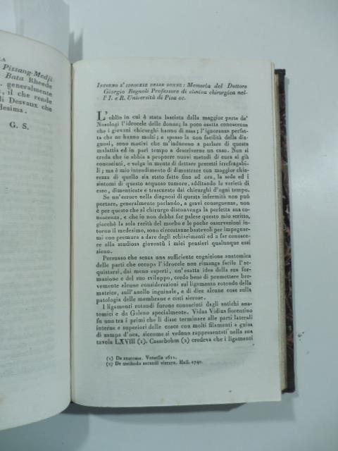 Intorno l'idrocele delle donne. Memoria del Dott. G. Regnoli...(Stralcio da: Nuovo giornale de' letterati. N. 65. 1832) - Giorgio Regnoli - copertina