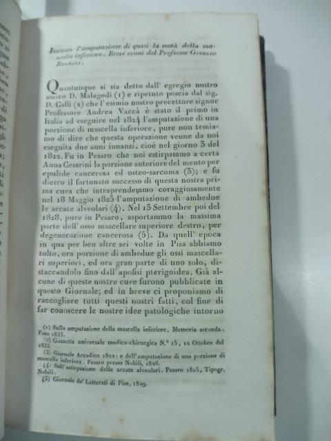 Intorno l'amputazione di quasi la meta' della mascella inferiore. Brevi cenni del Prof. G. Regnoli. (Stralcio da: Nuovo giornale de' letterati. N. 74. 1834) - Giorgio Regnoli - copertina