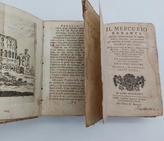 Il mercurio errante delle grandezze di Roma tanto antiche che moderne di Pietro Rossini antiquario. Diviso in due parti. Nelle quali si tratta de' palazzi, chiese, ville giardini, terme, acque, teatri... Con l'aggiunta delle fabriche... Edizionje dec - Pietro Rossini - copertina