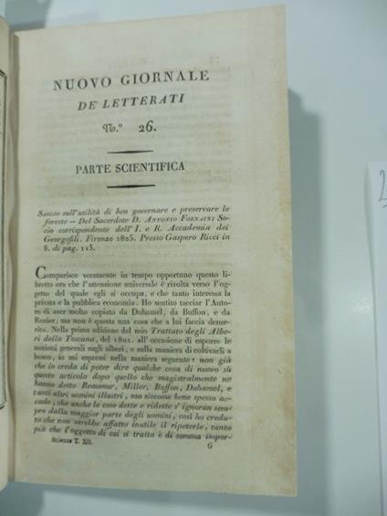 Saggio sull'utilita' di ben governare e preservare le foreste...di A. Fornaini. Firenze 1825. (Stralcio da: Nuovo giornale de' letterati. N. 26. 1826) - Paolo Savi - copertina