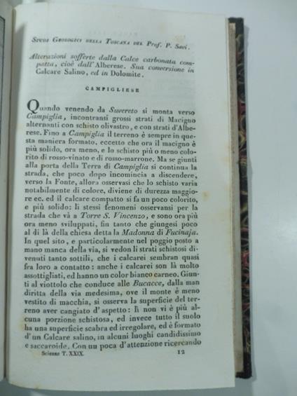 Studi geologici della Toscana del Prof. P. Savi. Alterazioni sofferte dalla calce carbonata compatta, cioe' dall'Alberese. Sua conversione in calcare salino ed in dolomite. (Stralcio da: Nuovo giornale de' letterati. N. 78. 1834) - Paolo Savi - copertina