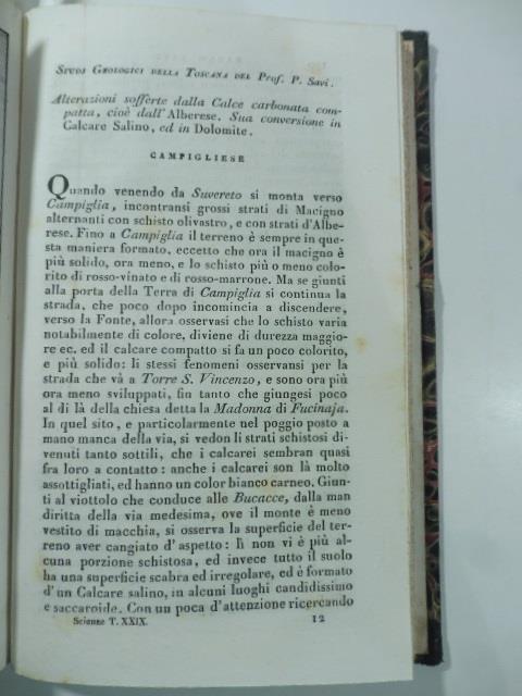 Studi geologici della Toscana del Prof. P. Savi. Alterazioni sofferte dalla calce carbonata compatta, cioe' dall'Alberese. Sua conversione in calcare salino ed in dolomite. (Stralcio da: Nuovo giornale de' letterati. N. 78. 1834) - Paolo Savi - copertina