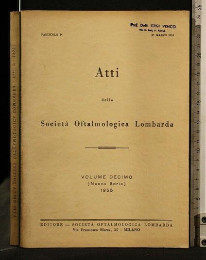 Atti Della Società Oftalmologica Lombarda Volume 10 (Nuova - copertina