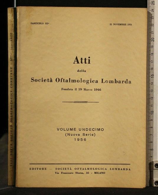 Atti Della Società Oftalmologica Lombarda Volume 11 (Nuova - copertina