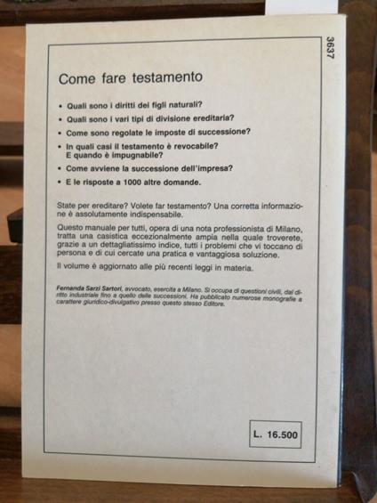 Sarzi Sartori -Come Fare Testamento -De Vecchi 1988 Eredità Successione - Fernanda Sarzi Sartori - copertina