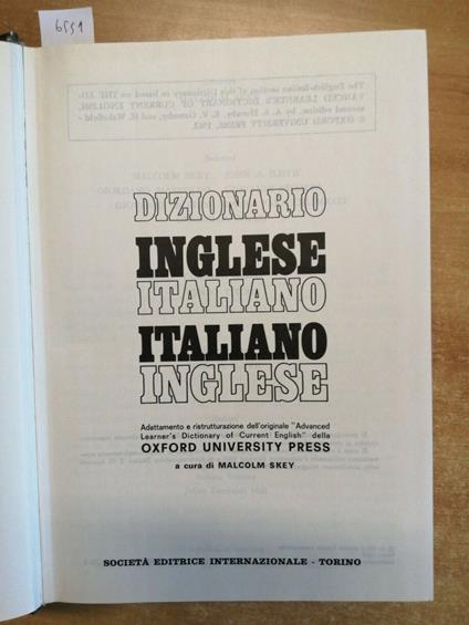 Dizionario Bilingue Inglese-Italiano Italiano-Inglese Editrice Sei - Malcolm Skey - copertina