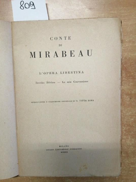 L' Opera Libertina - Conte Di Mirabeau - Erotika Biblion 1920 Corbaccio - copertina