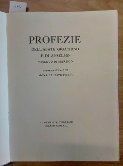 Profezie Dell'Abate Gioachino E Anselmo Vescovo Di Marsico 1980 Maestri - copertina