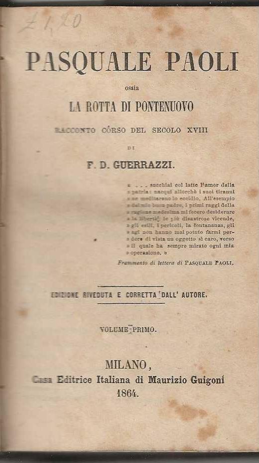 Pasquale Paoli ossia la rotta di Pontenuovo. racconto corso del secolo XVIII - copertina