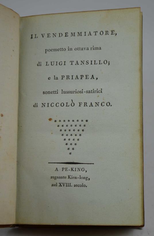 Il Vendemmiatore, poemetto in ottava rima di Luigi Tansillo; e la priapea, sonetti lussuriosi-satirici di Niccolò Franco - copertina