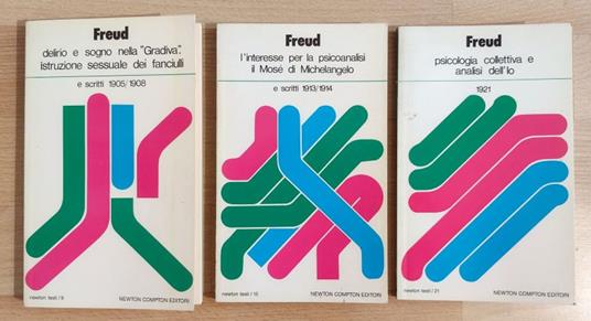 LOTTO DI 3 LIBRI: 1. Delirio e sogno nella "Gradiva" di Jensen: Istruzione sessuale dei fanciulli e scritti 1905/1908; 2. L'interesse per la psicoanalisi: Il Mosè di Michelangelo e scritti 1913/1914; 3. Psicologia collettiva e analisi dell'Io: 1921 - Sigmund Freud - copertina