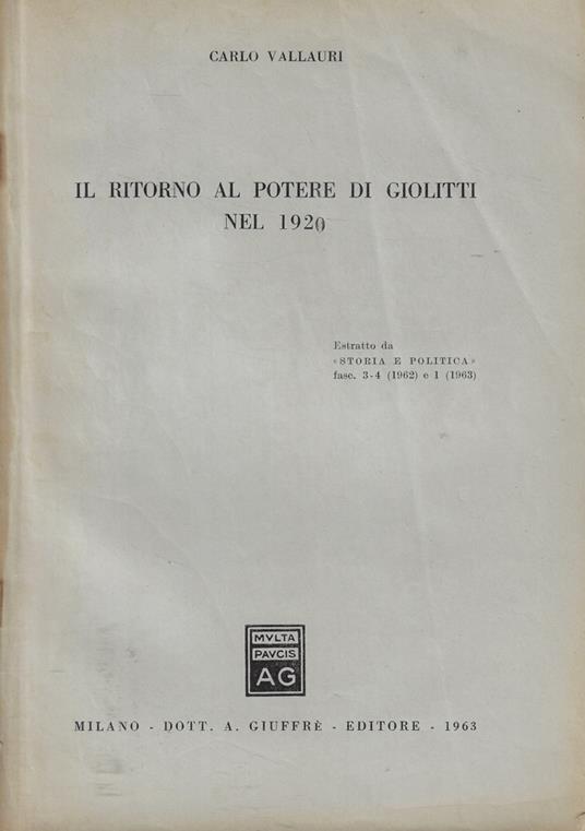 Il ritorno al potere di Giolitti nel 1920 - Carlo Vallauri - copertina