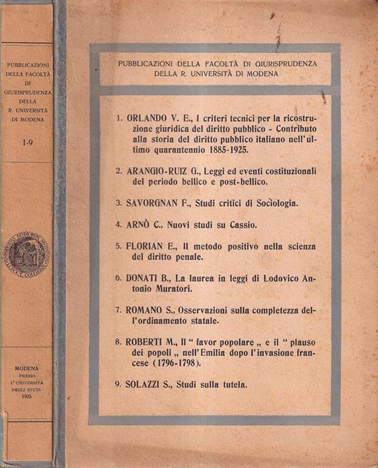 Pubblicazioni della Facoltà di Giurisprudenza della R. Università di Modena, numeri 1-9 - copertina