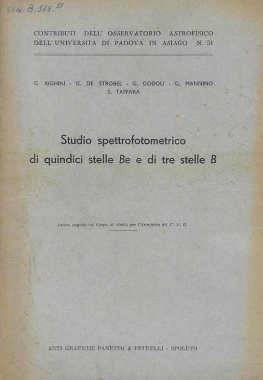 Studio spettrofotometrico di quindici stelle Be e di tre stelle B - copertina