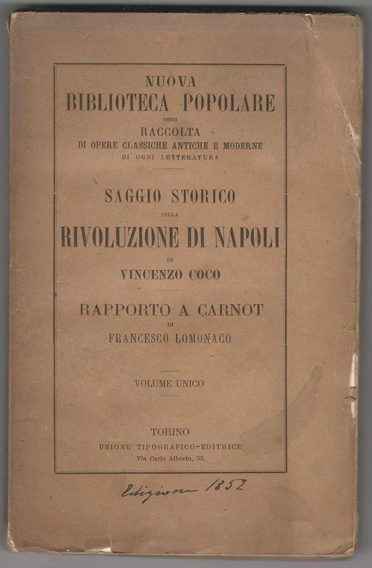 Saggio storico sulla rivoluzione di Napoli. Rapporto a Carnot ministro della guerra di Francesco Lomonaco - Vincenzo Cuoco - copertina