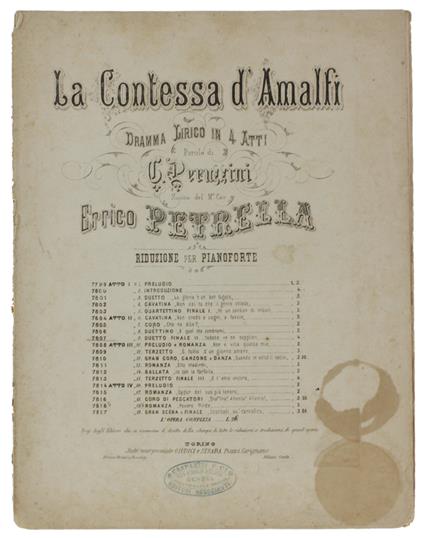 Contessa D'amalfi. Dramma Lirico In 4 Atti. Riduzione Per Pianoforte [Spartito] - Petrella Errico (Musica), Peruzzini G. (Parole), - Giudici E Strada, Circagiudici E Strada, Circa - 1860 - copertina