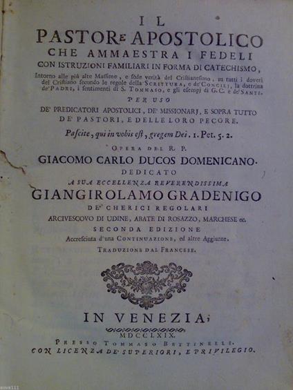 Giacomo Carlo Ducos - IL PASTORE APOSTOLICO CHE AMMAESTRA I FEDELI - XDCCLXIX - copertina