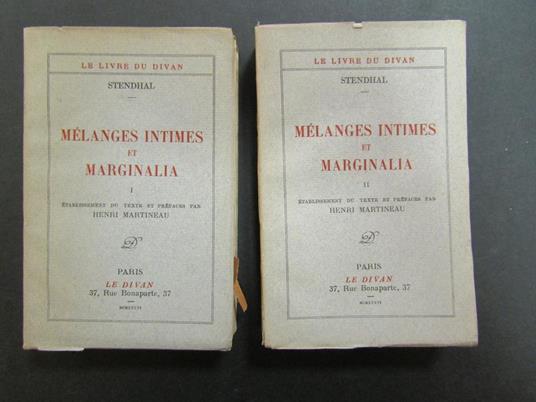 Melanges intimes et marginalia. 2 voll. Le Divan. 1936 - Stendhal - copertina