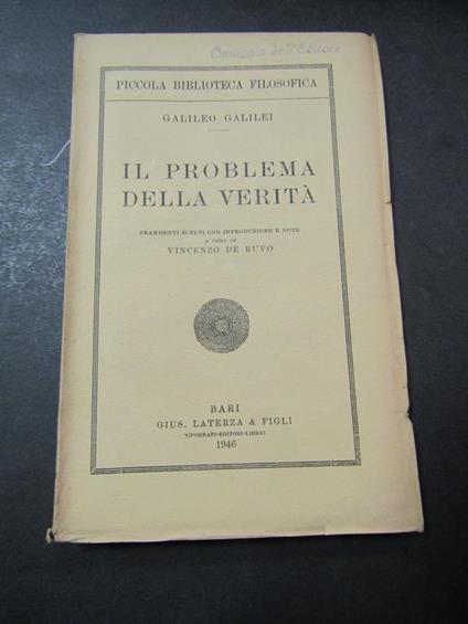 Il problema della verità. Laterza. 1946 - Galileo Galilei - copertina