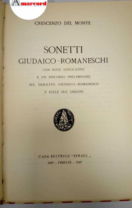 Del Monte Crescenzo, Sonetti giudaico-romaneschi, Israel, 1927 - I - Crescenzo Del Monte - copertina