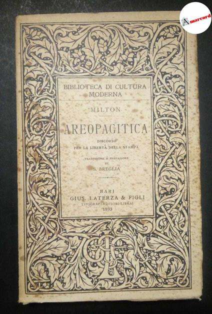 Milton John, Areopagitica. Discorso per la libertà di stampa., Laterza, 1933 - John Milton - copertina