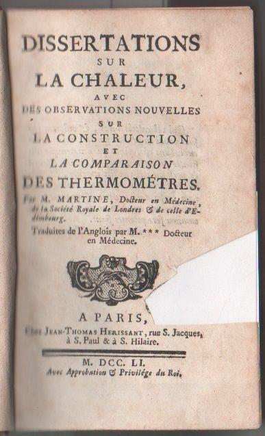 Dissertation sur la chaleur avec des observations. George Martine - copertina