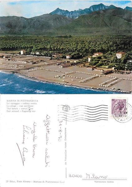 Marina di Pietrasanta. La spiaggia. Veduta aerea. Viaggiata 1970 - copertina