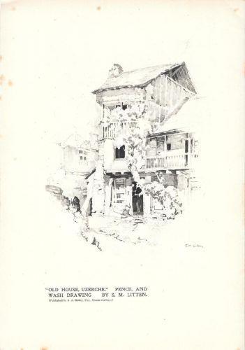 Old House, Uzerche/A Chateau, Uzerche. Pencil and wash drawing by S.M. Litten - Stampa 1924 fronte retro - copertina