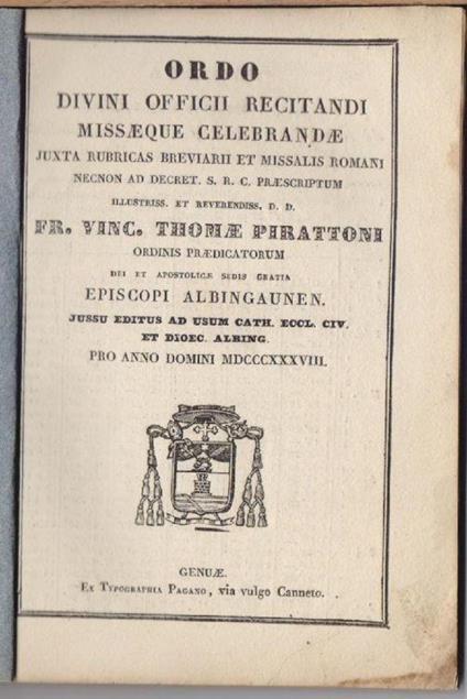 Ordo divinii officii recitandi missaeque celebrande - Fr. Vinc. Thome Pirattoni - Tipografia Pagano Genova 1838 - copertina