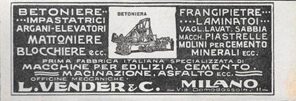 Betoniere, Impastatrici - Macchine per Edilizia - Vender.& C. Advertising 1928 - copertina