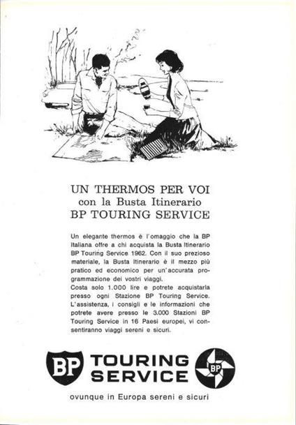 BP Touring Service. Un thermos per voi con la busta itinerario. Advertising 1962 - copertina