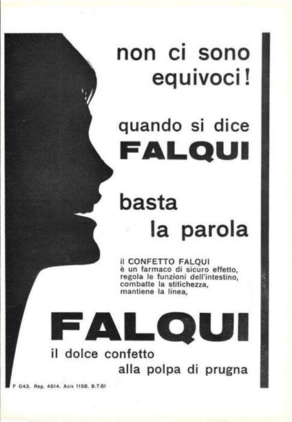 Falqui, il dolce confetto alla polpa di prugna. Advertising 1962 - copertina