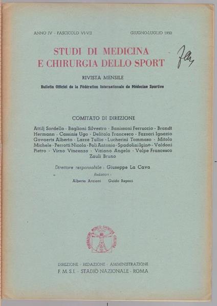 Studi di Medicina e Chirurgia dello Sport Anno IV Fascicolo VI VII- Giugno Luglio 1950 - copertina