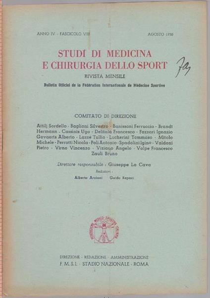 Studi di Medicina e Chirurgia dello Sport Anno IV Fascicolo VIII- Agosto 1950 - copertina