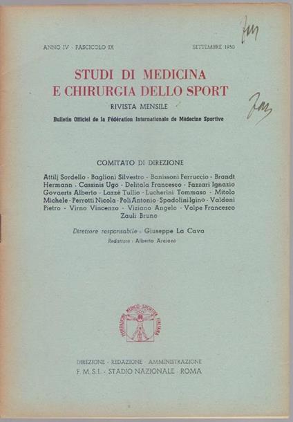 Studi di Medicina e Chirurgia dello Sport Anno IV Fascicolo IX - Settembre 1950 - copertina