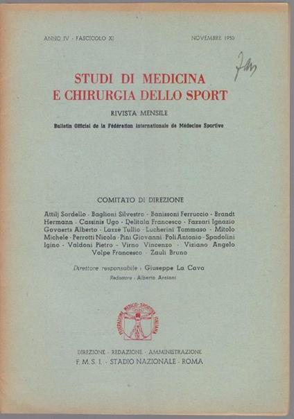 Studi di Medicina e Chirurgia dello Sport Anno IV Fascicolo X I- Novembre 1950 - copertina