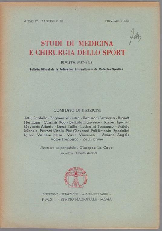 Studi di Medicina e Chirurgia dello Sport Anno IV Fascicolo X I- Novembre 1950 - copertina