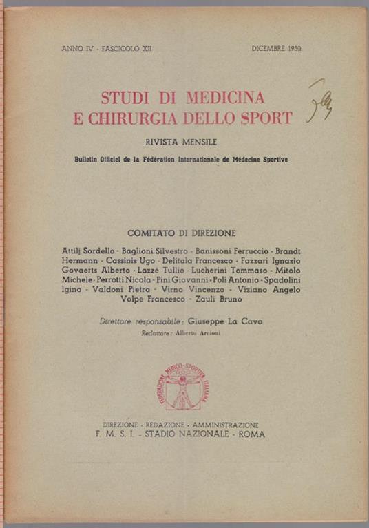 Studi di Medicina e Chirurgia dello Sport Anno IV Fascicolo XI I- Dicembre 1950 - copertina